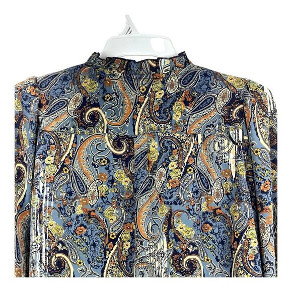 Sunny Leigh Blue Print Peasant Top Sz LARGE Tie Neck Ruffle Collar Puff Sleeves - Picture 4 of 7